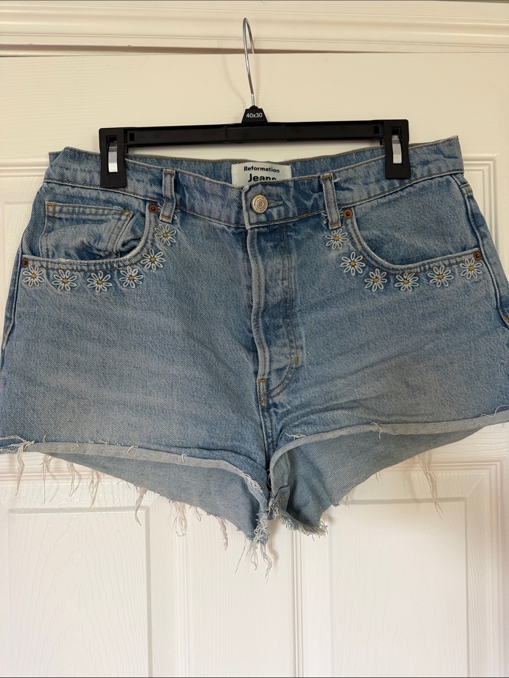 Reformation Light Blue Denim Daisy-Embroidered Shorts